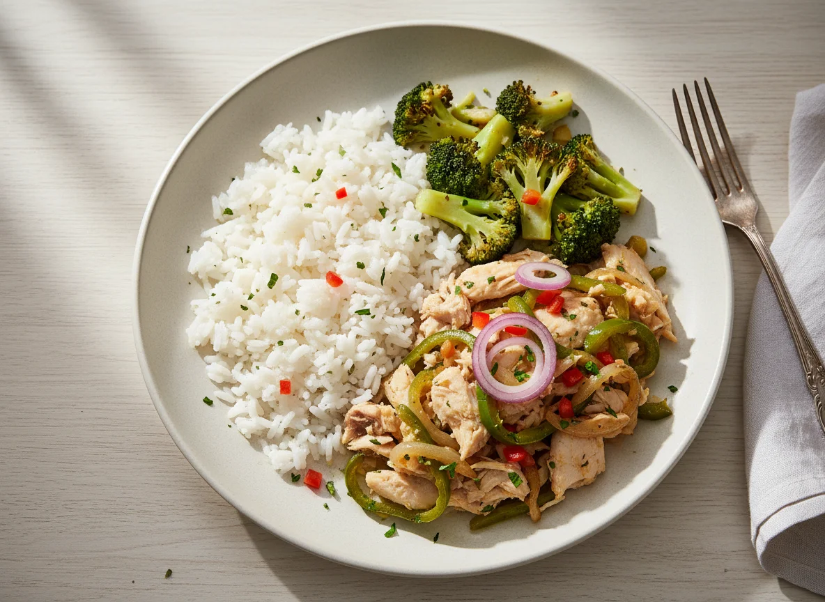 Peixe com arroz e brócolis photo