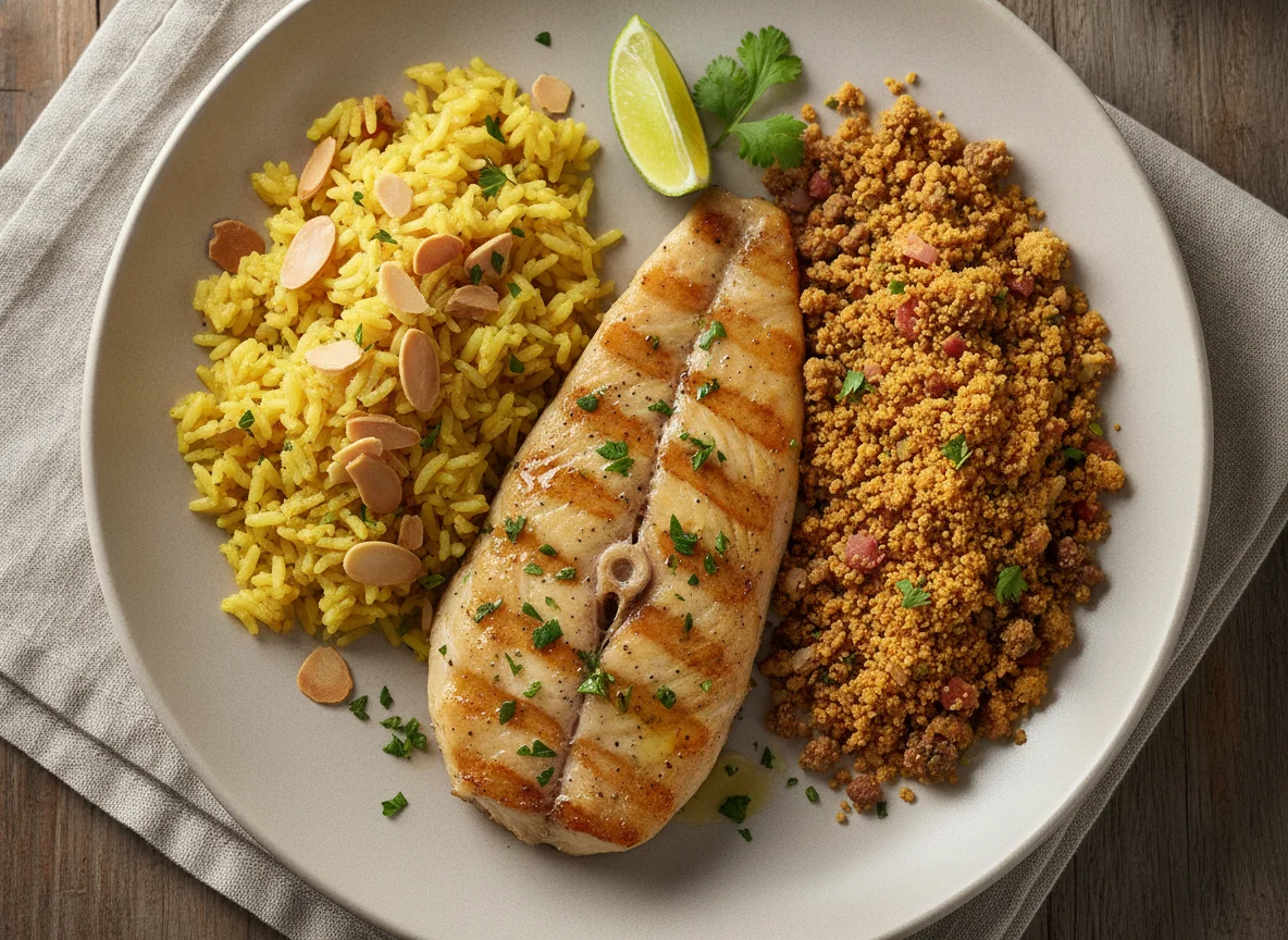 Peixe com arroz e farofa photo