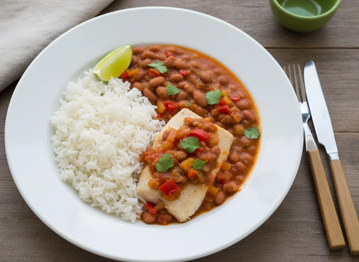 Peixe com arroz e feijão photo