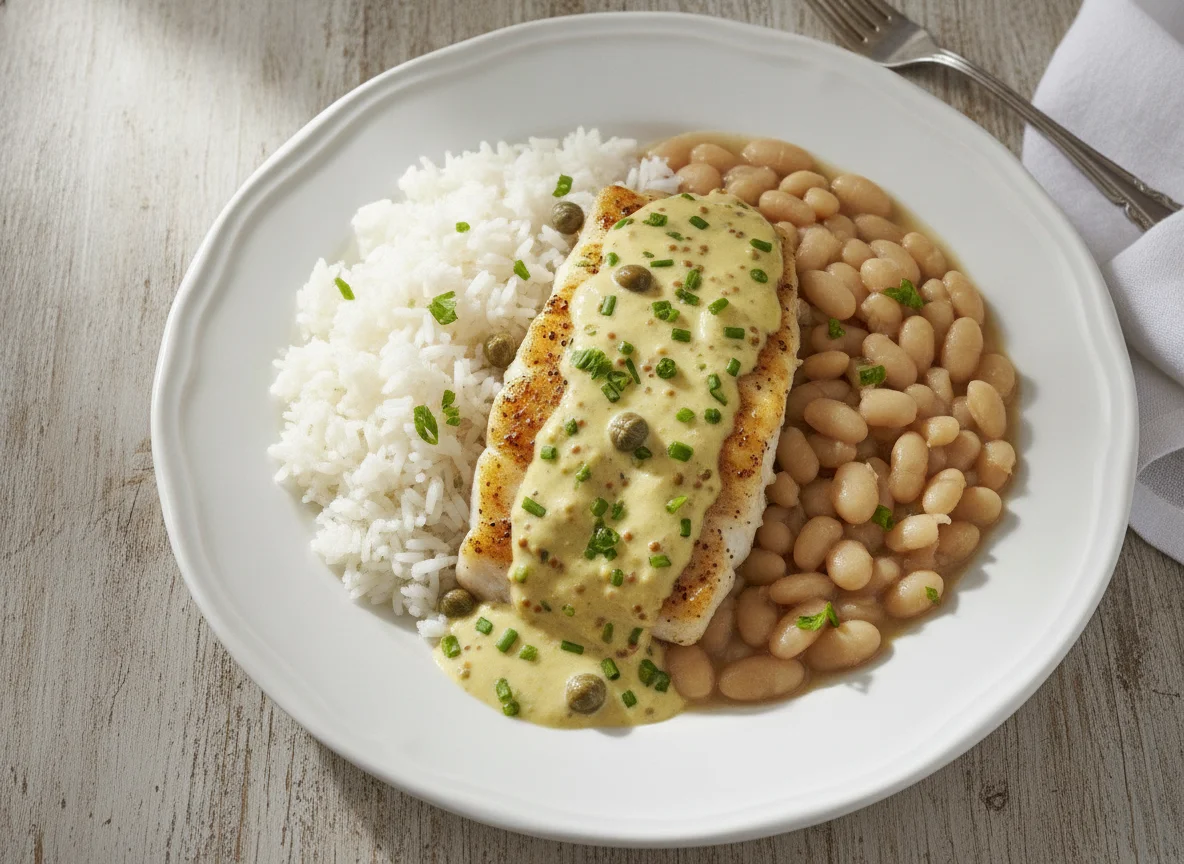 Peixe com arroz e feijão branco photo