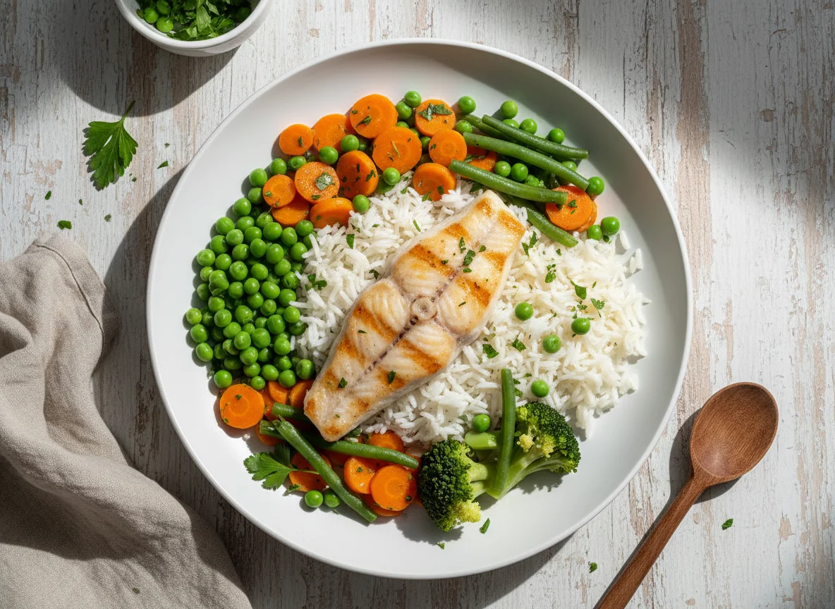 Peixe com arroz e legumes photo