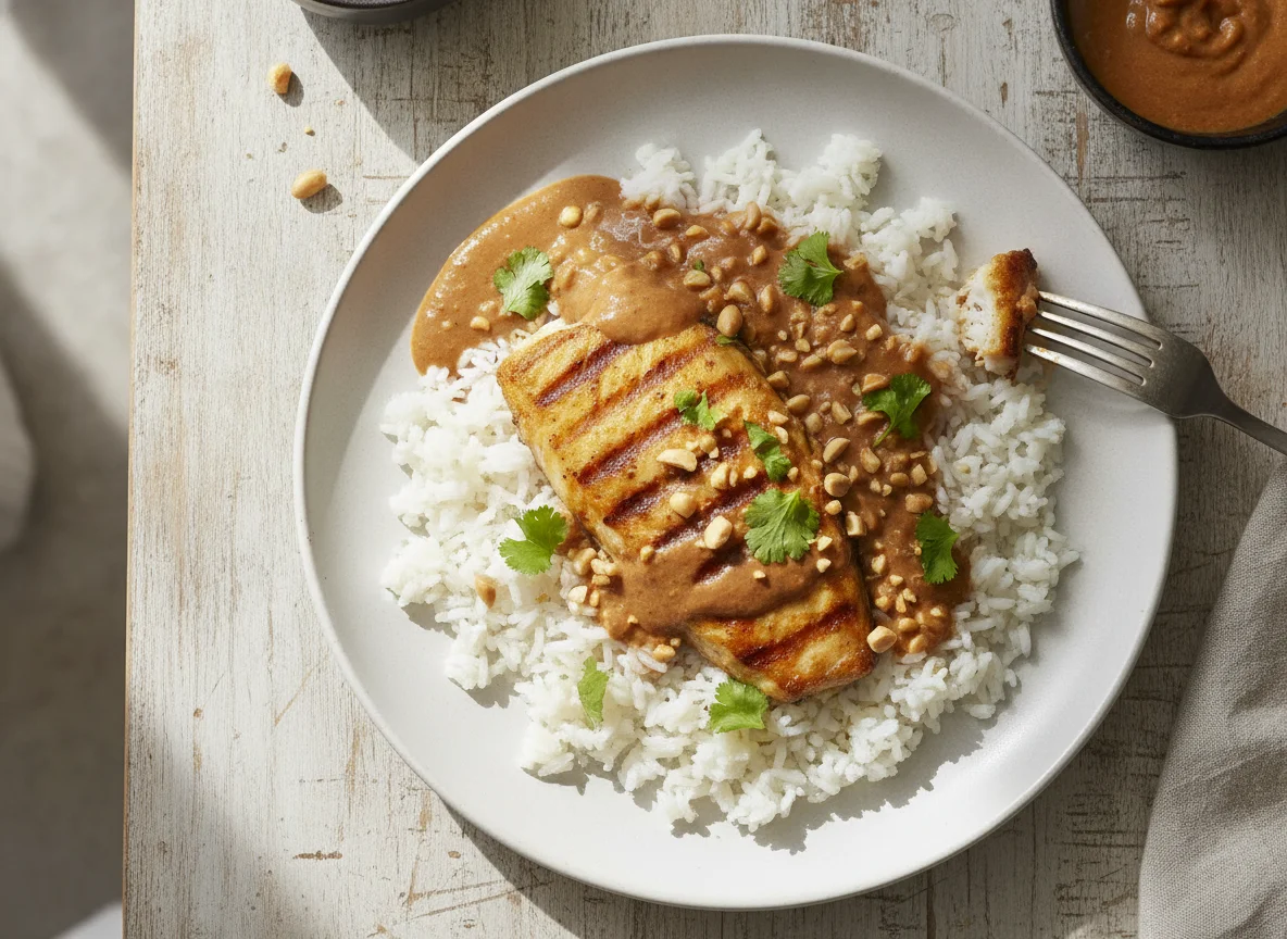 Peixe com arroz e molho photo