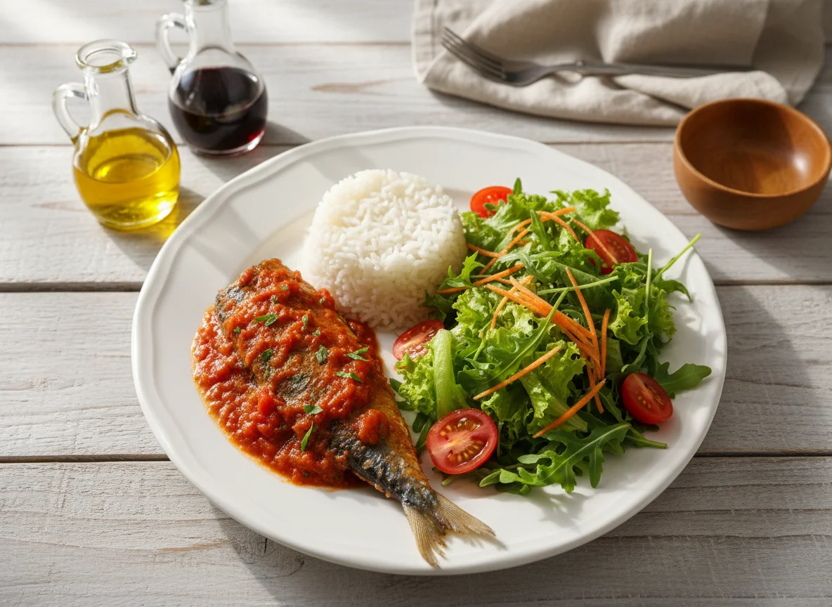 Peixe com arroz e salada photo