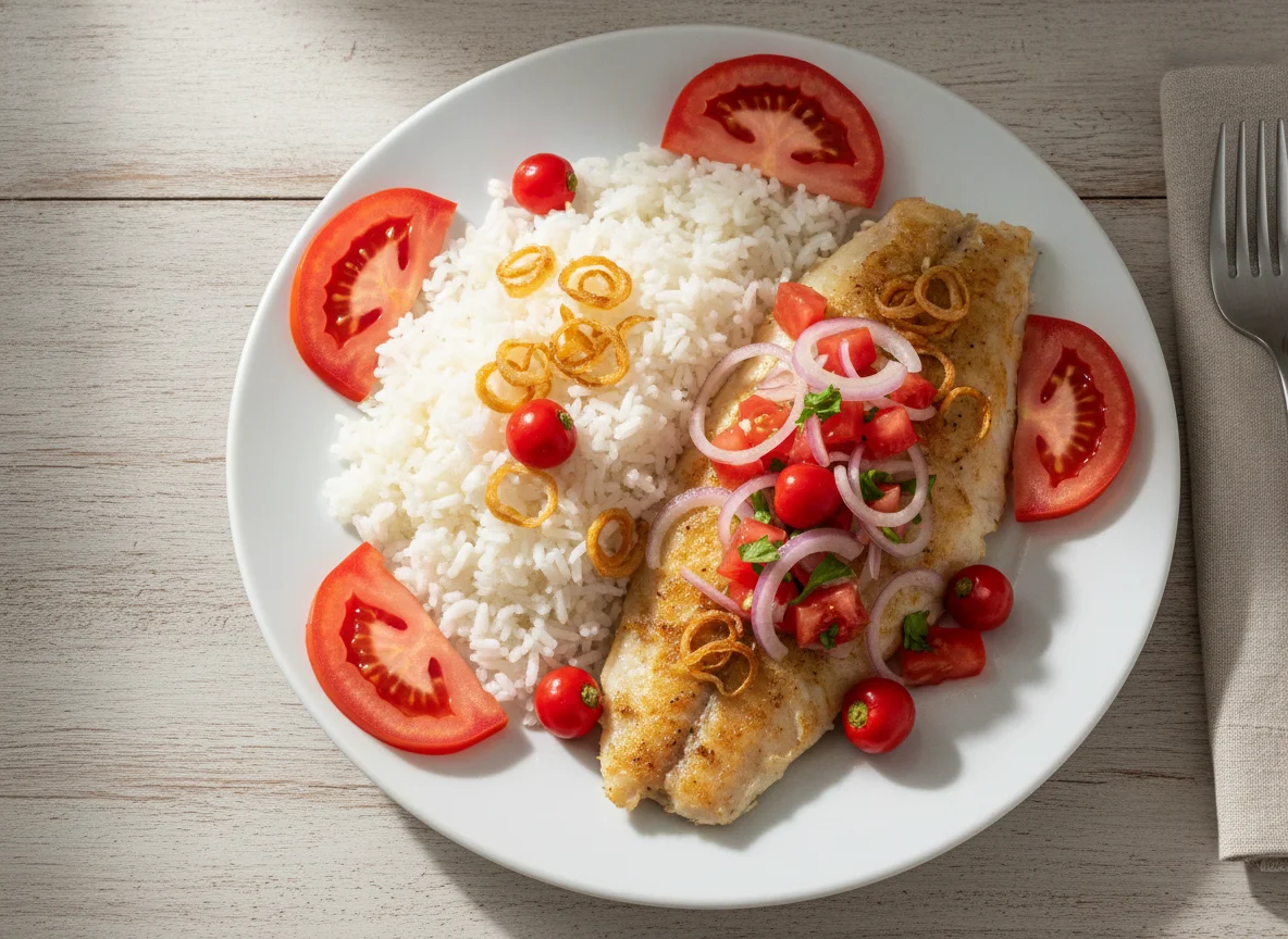 Peixe com arroz e vinagrete photo
