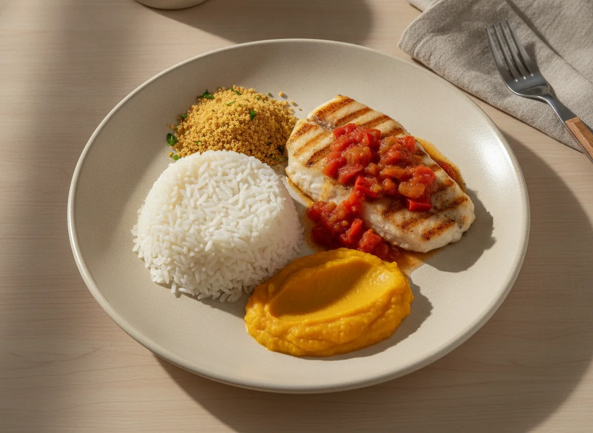 Peixe com Arroz, Farofa e Purê de Abóbora photo