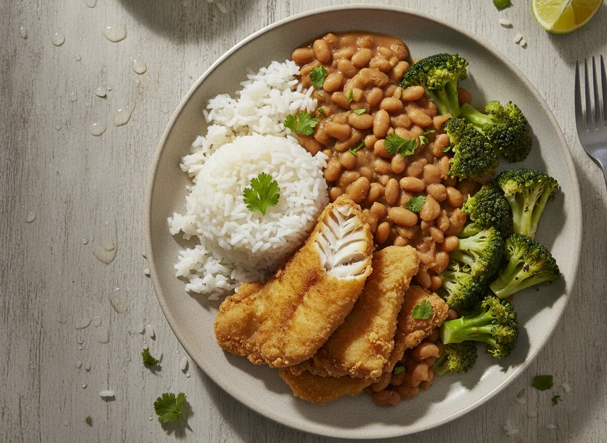 Peixe com arroz, feijão e brócolis photo
