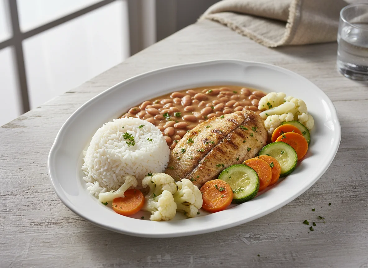 Peixe com arroz, feijão e vegetais photo