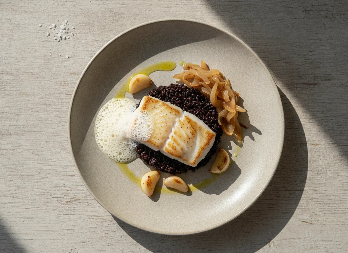 Peixe com Arroz Negro e Alho Assado photo