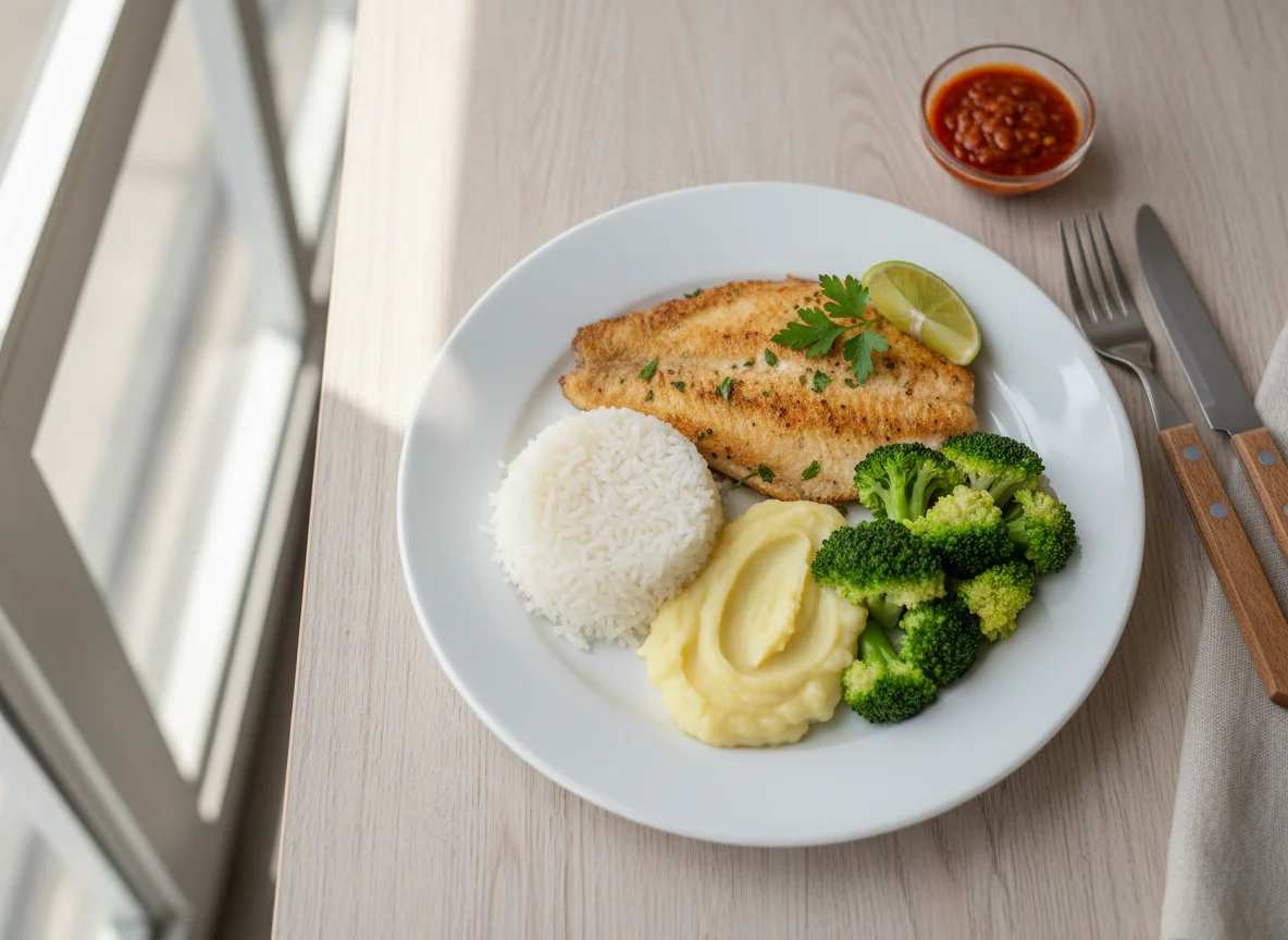 Peixe com arroz, purê de batata e brócolis photo