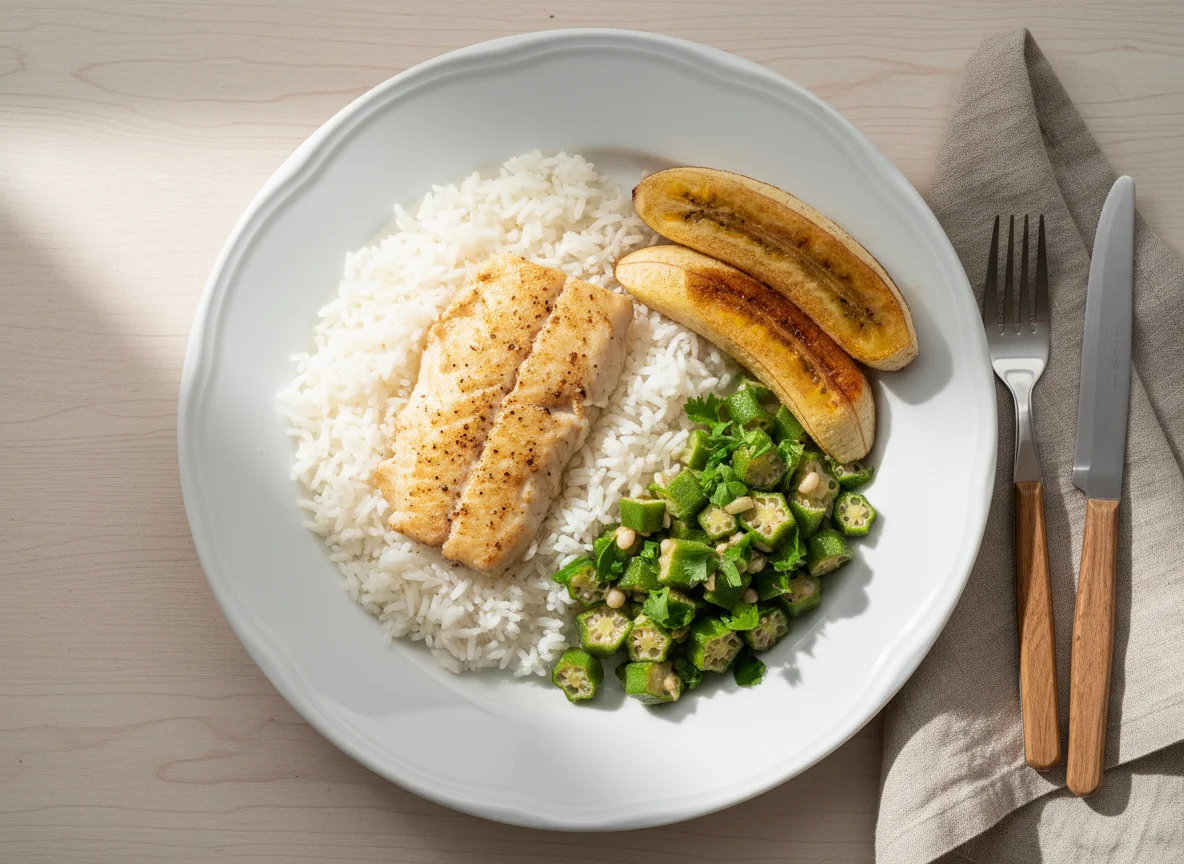 Peixe com arroz, quiabo e banana photo