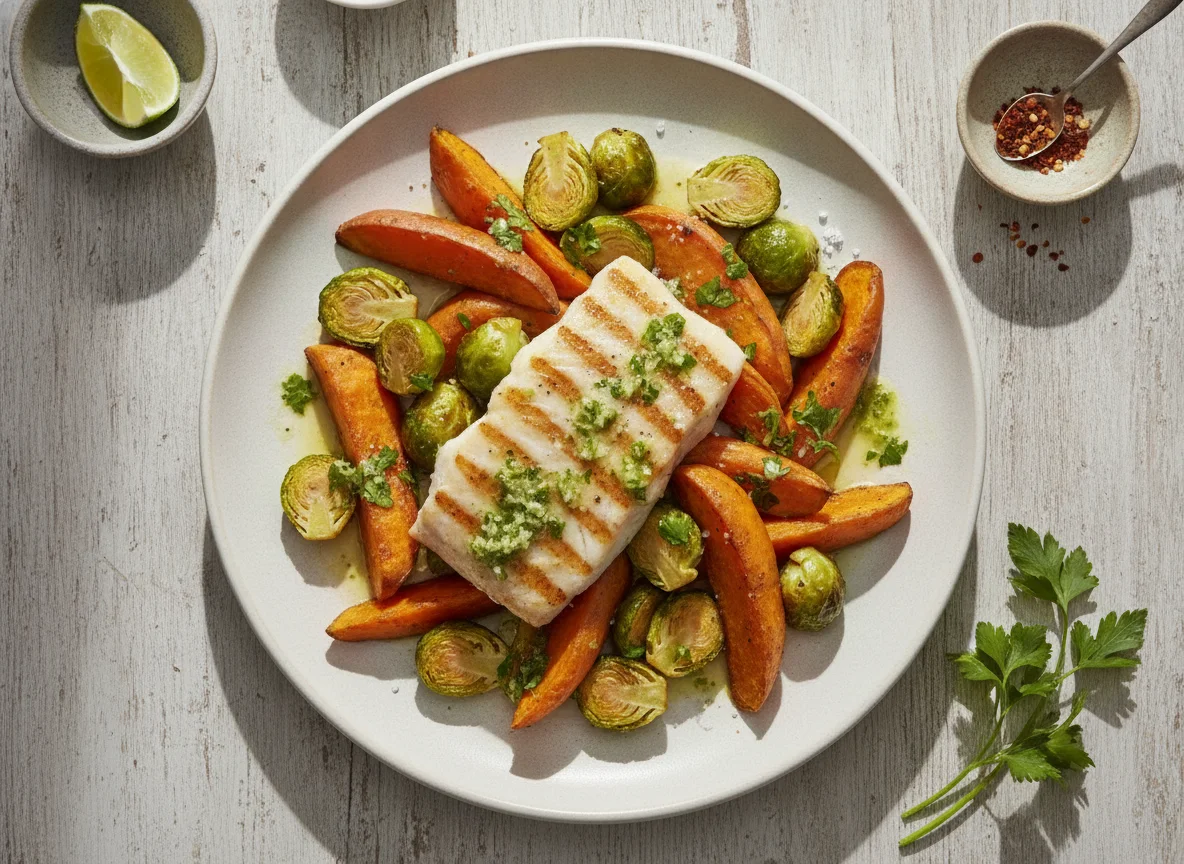 Peixe com batata doce e couves de Bruxelas photo