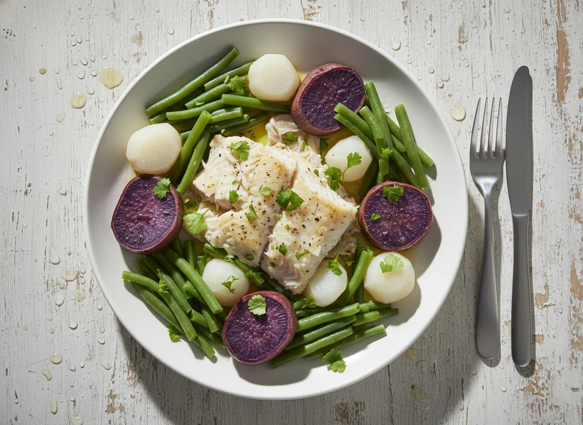 Peixe com batata doce roxa e legumes photo