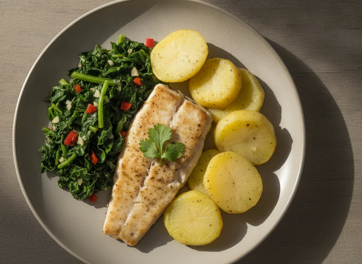 Peixe com batata e couve refogada photo