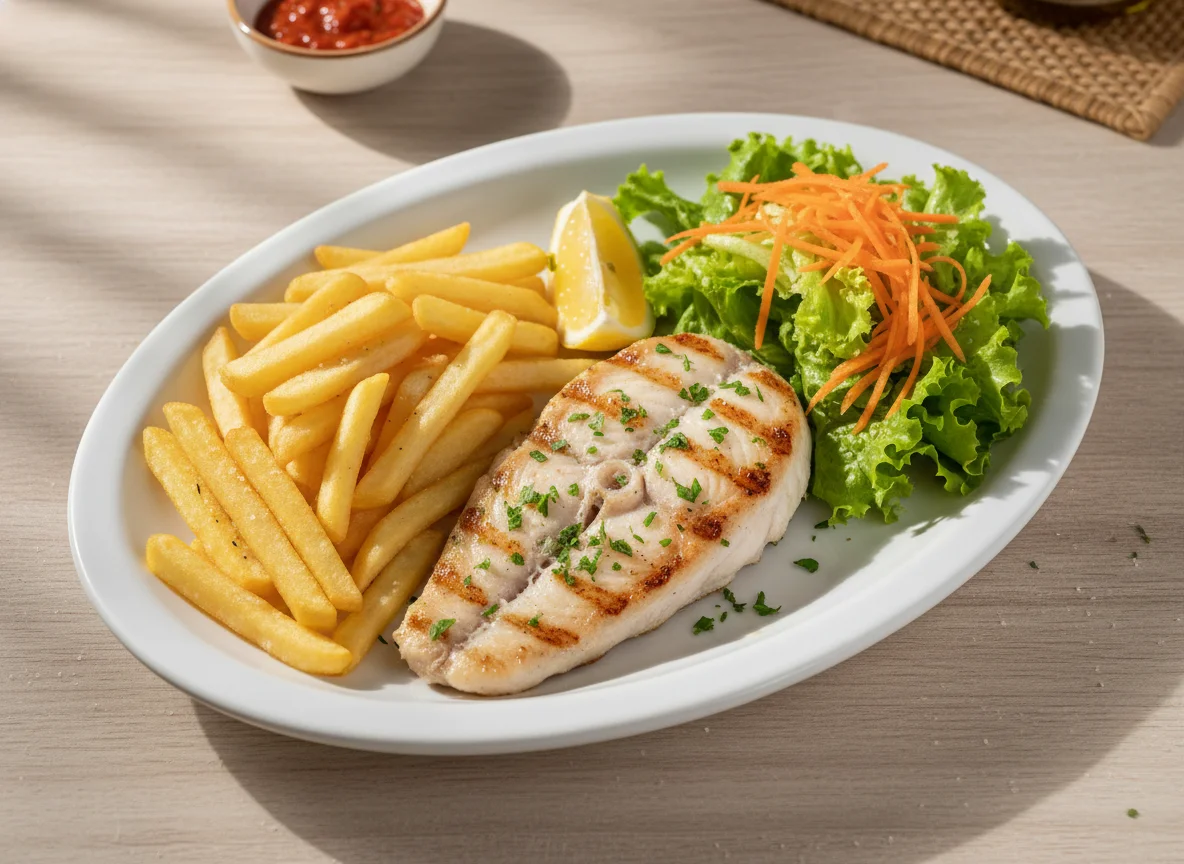 Peixe com batata frita e salada photo