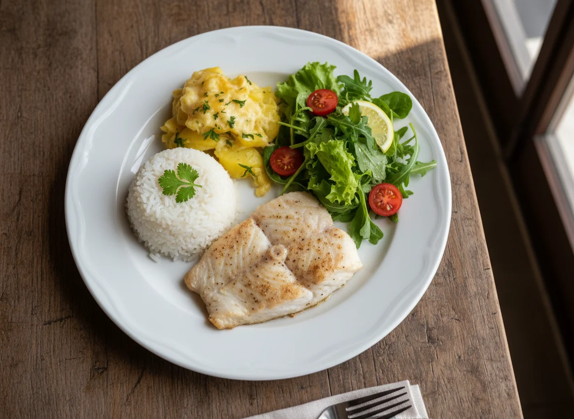 Peixe com batatas, arroz e salada photo