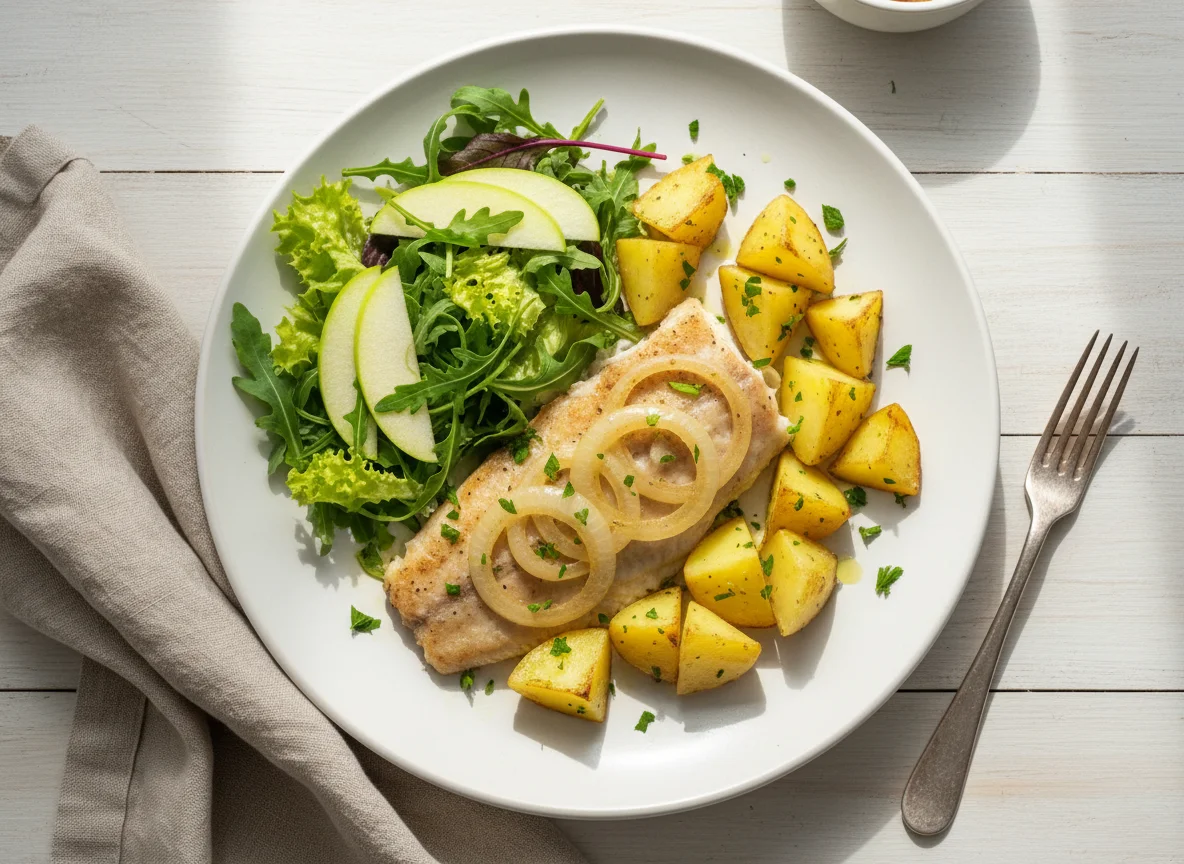 Peixe com batatas, cebola e salada photo