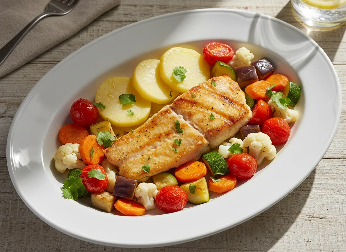 Peixe com Batatas e Legumes Salteados photo