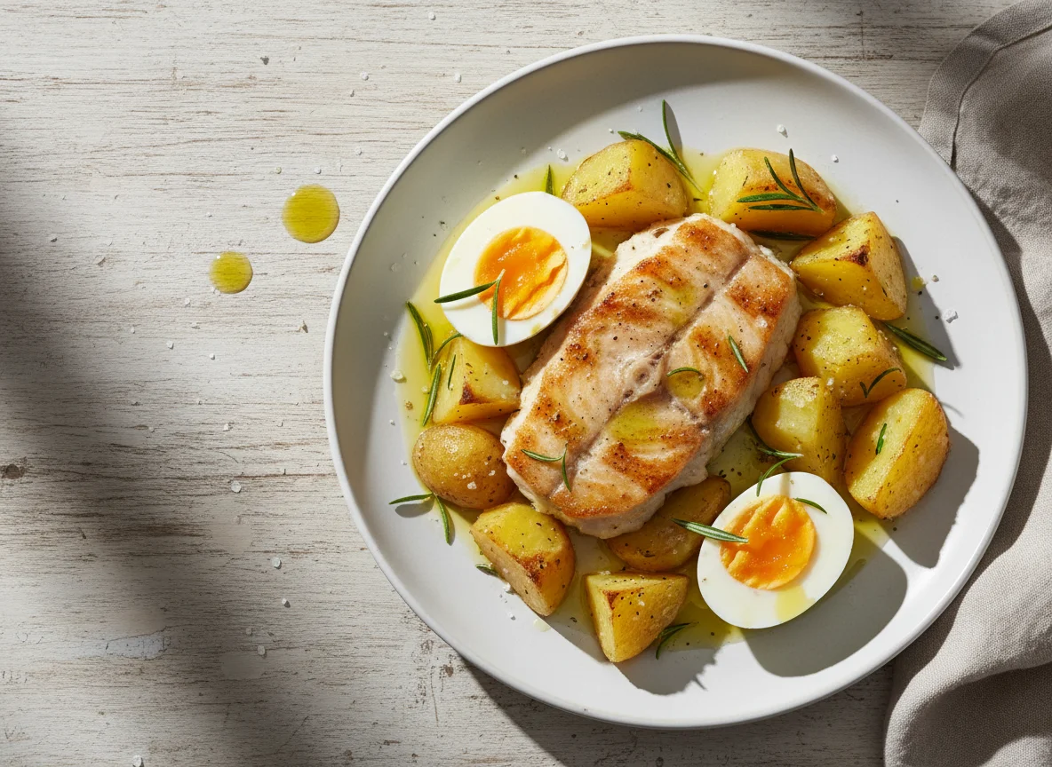 Peixe com batatas e ovo cozido photo