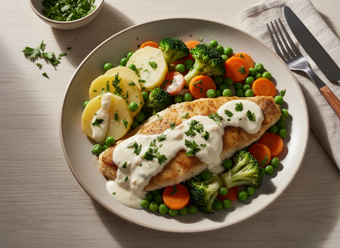 Peixe com batatas e vegetais photo