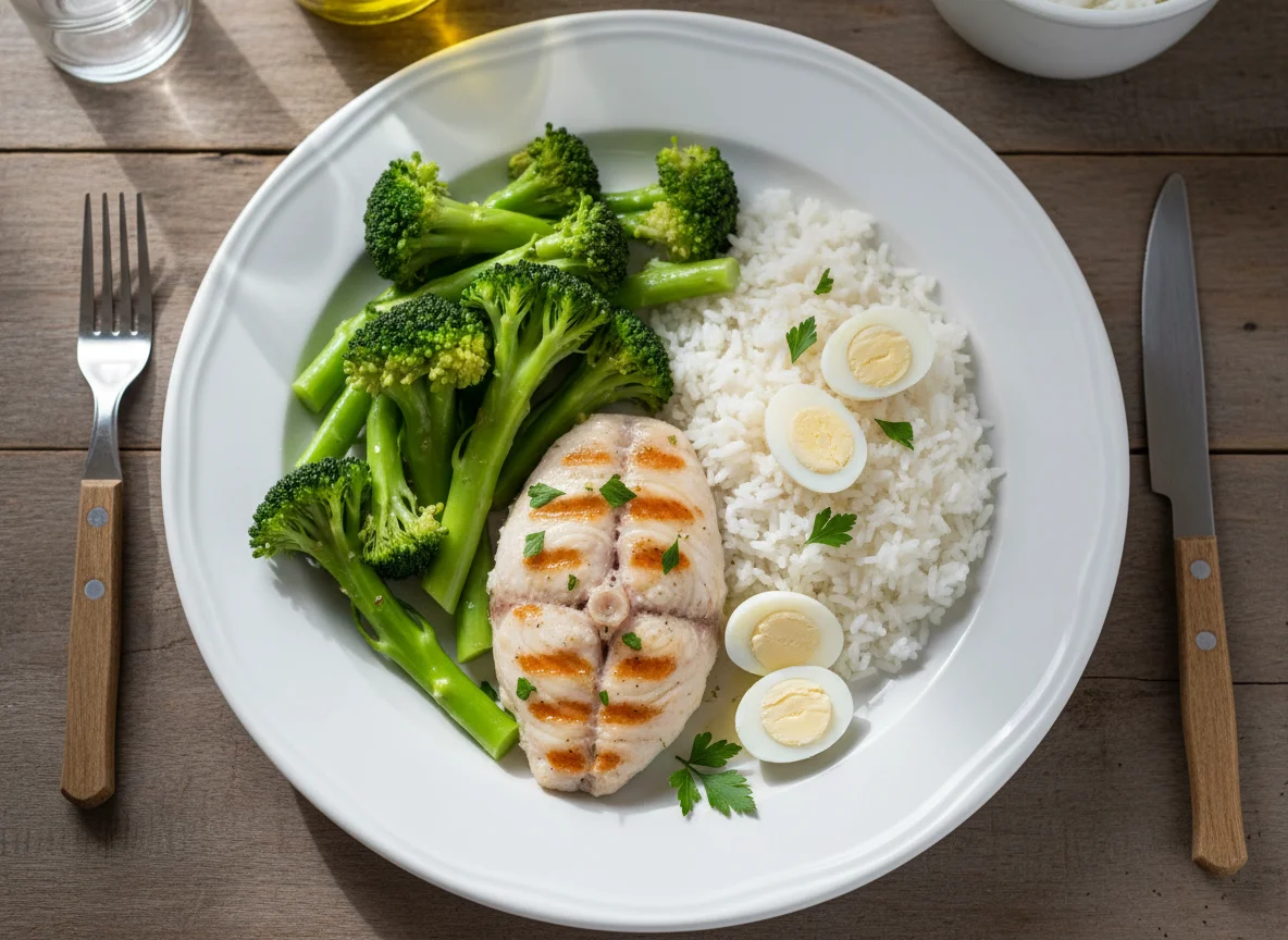 Peixe com brócolis, arroz e ovos de codorna photo