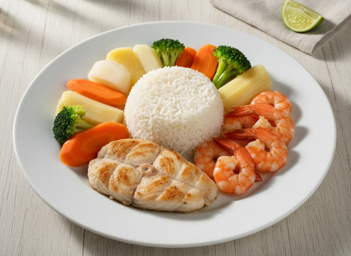 Peixe com camarão, arroz e legumes photo