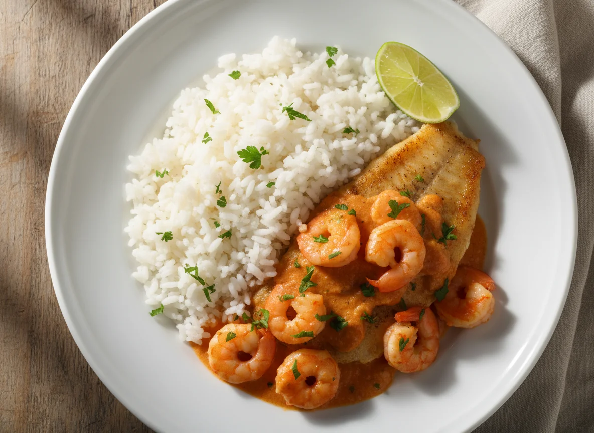 Peixe com camarão e arroz branco photo