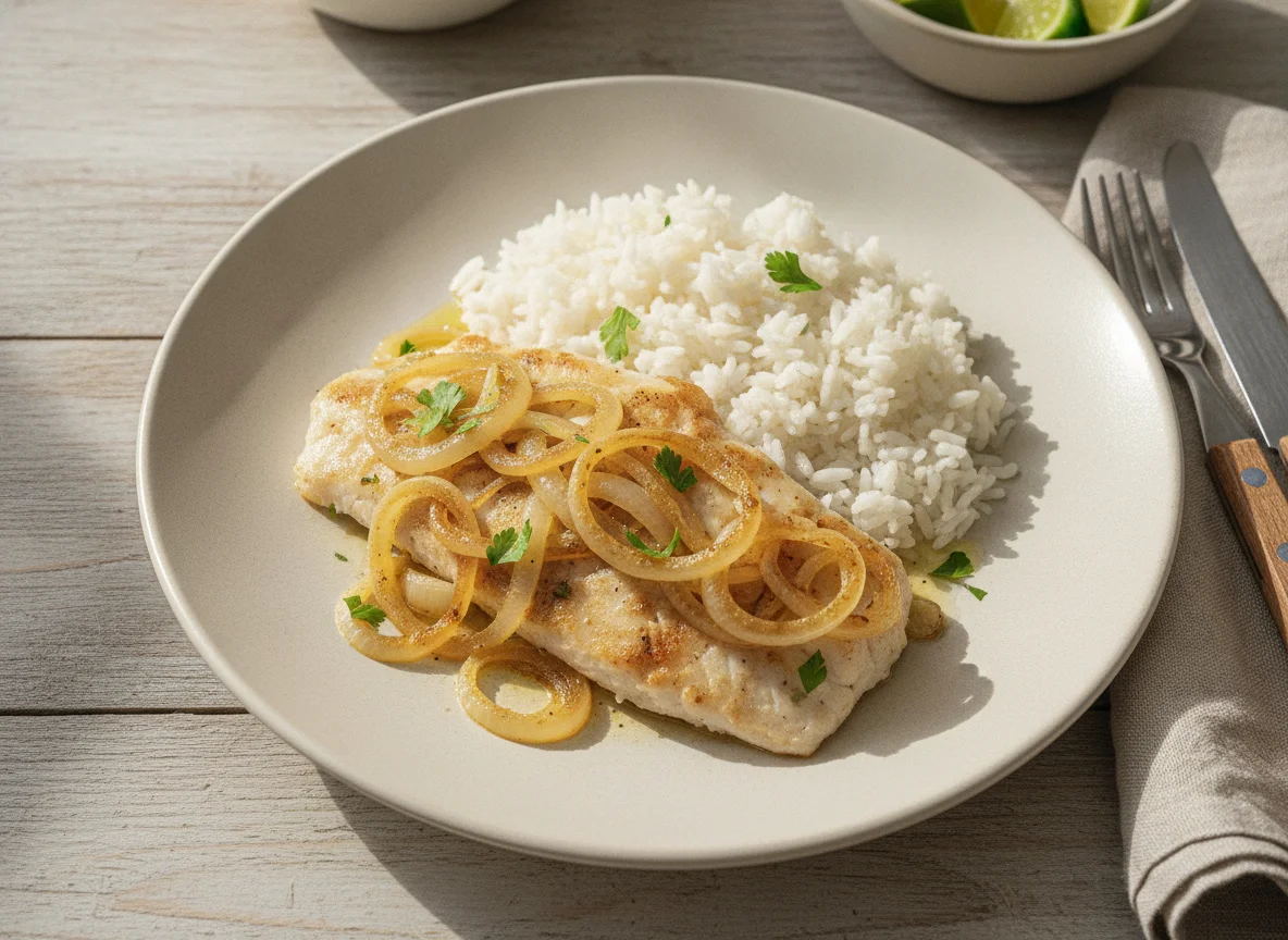 Peixe com cebola e arroz branco photo