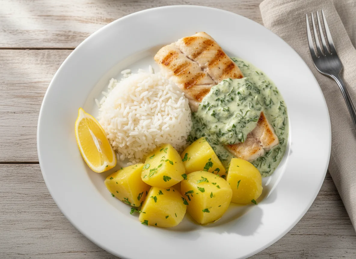 Peixe com creme de espinafre, arroz e batatas photo