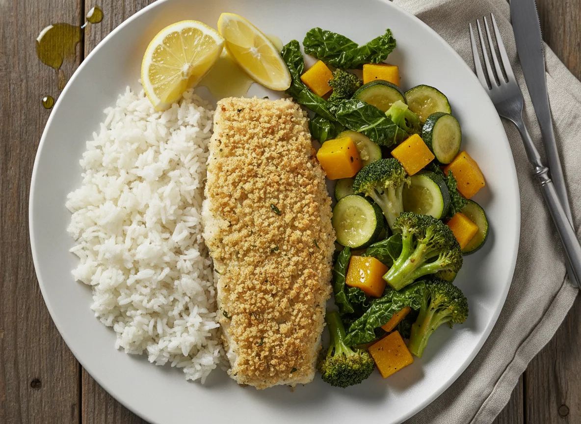Peixe com Crosta, Arroz Branco e Vegetais Salteados photo