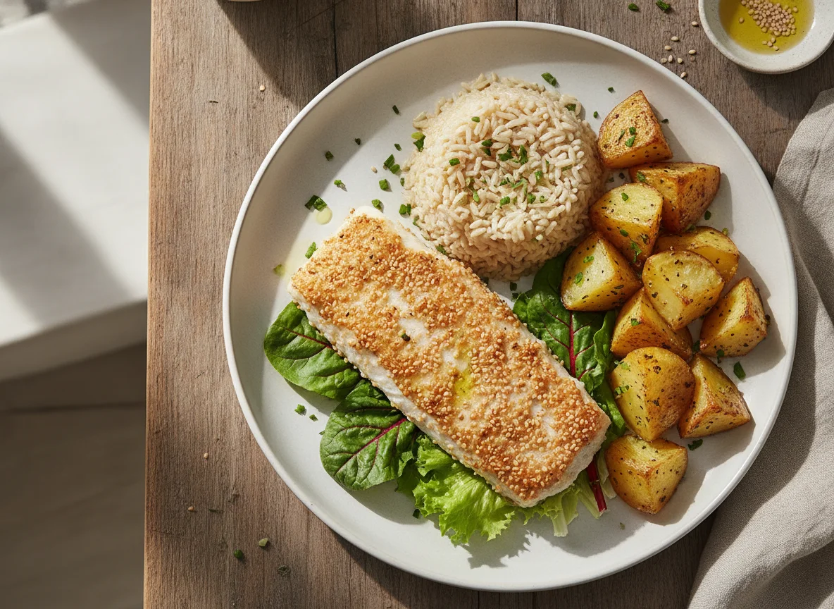 Peixe com crosta de gergelim, arroz integral e batatas photo