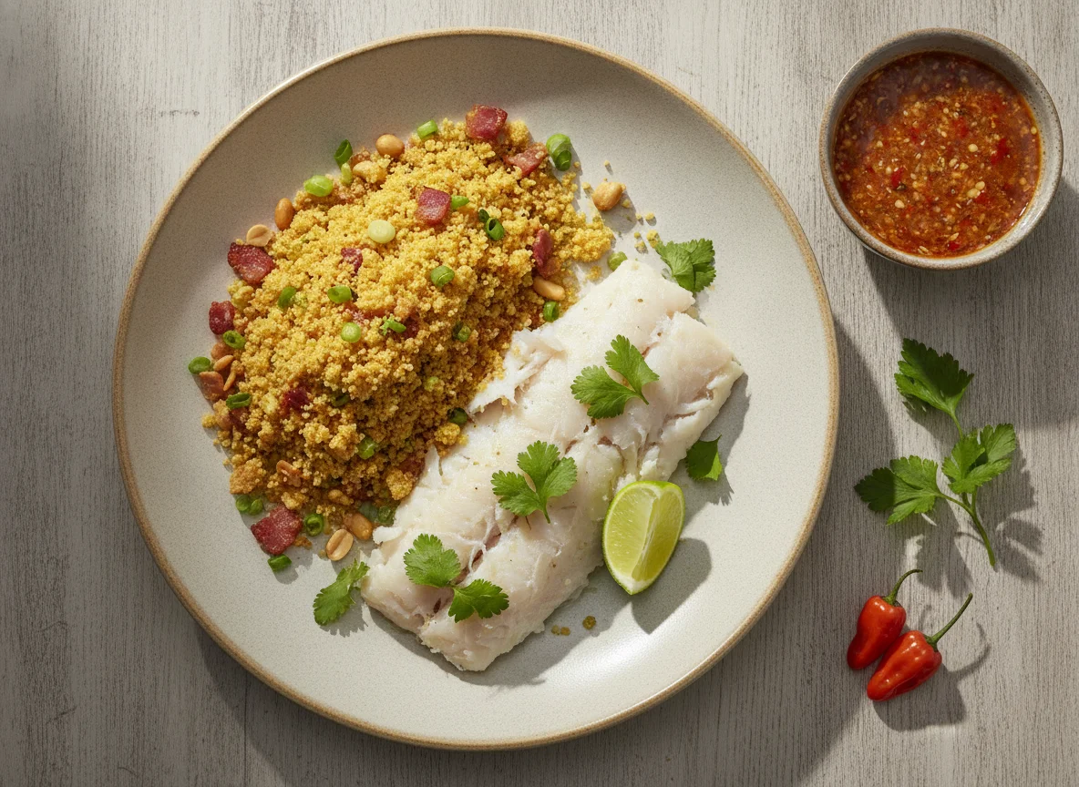 Peixe com farofa de mandioca e molho de pimenta photo
