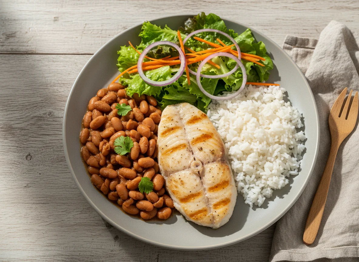 Peixe com feijão, arroz e salada photo