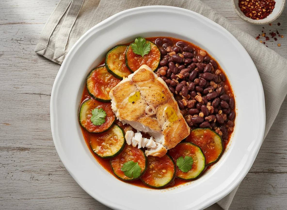 Peixe com feijão e abobrinha photo
