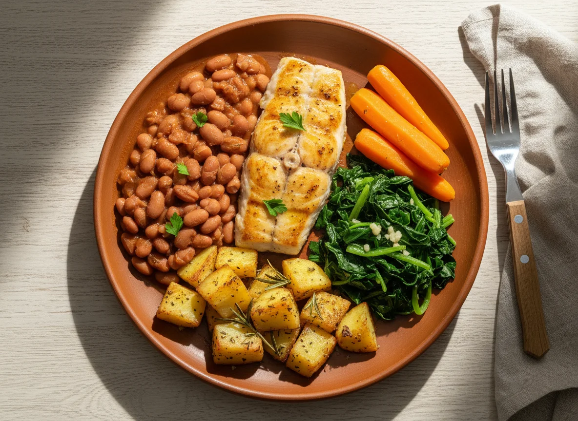 Peixe com feijão e batata rústica photo