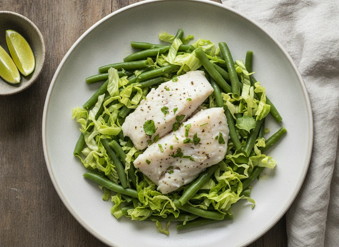 Peixe com feijão-verde e alface photo