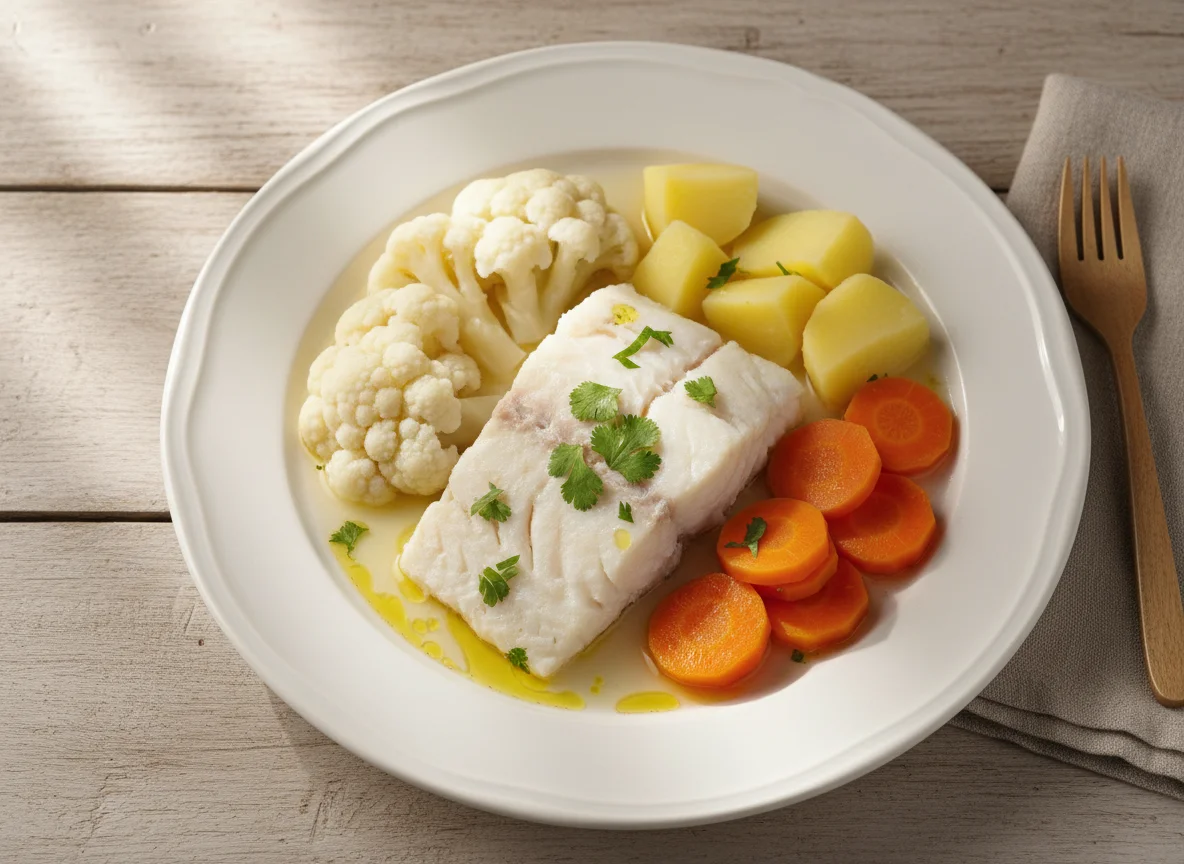 Peixe com legumes cozidos photo