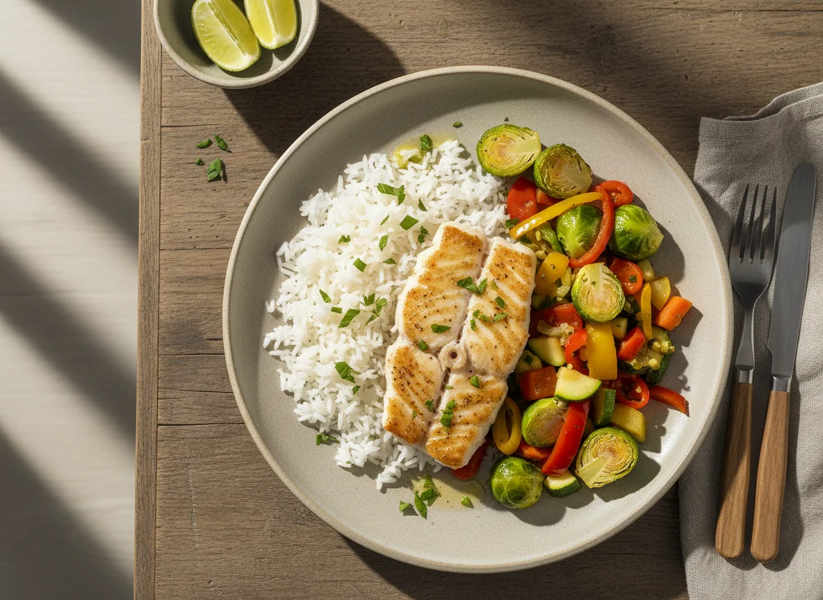 Peixe com legumes e arroz photo