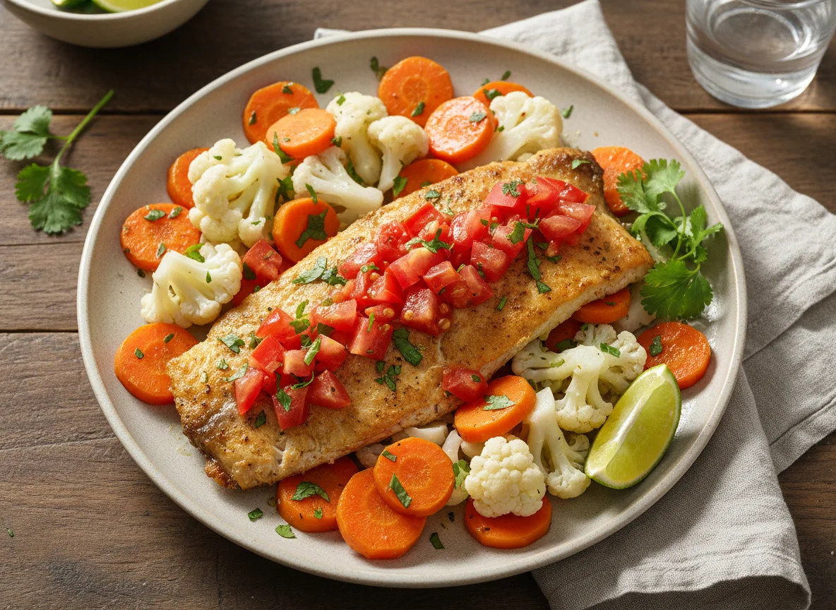 Peixe com legumes e tomate photo