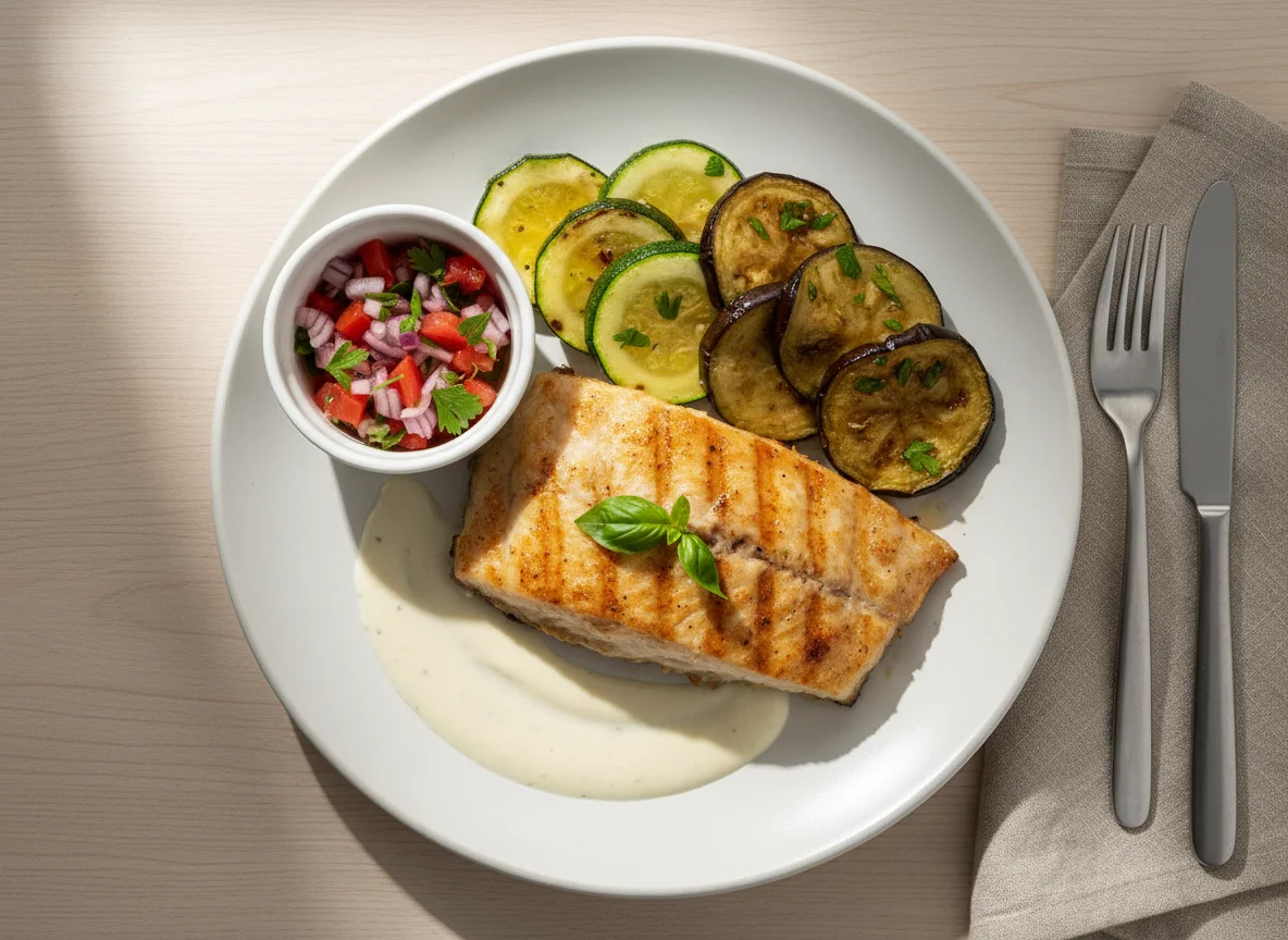 Peixe com legumes e vinagrete photo