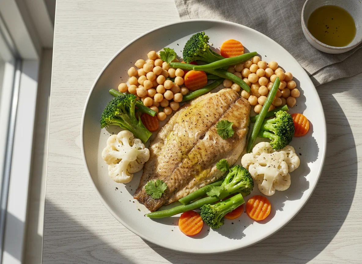 Peixe com legumes variados photo