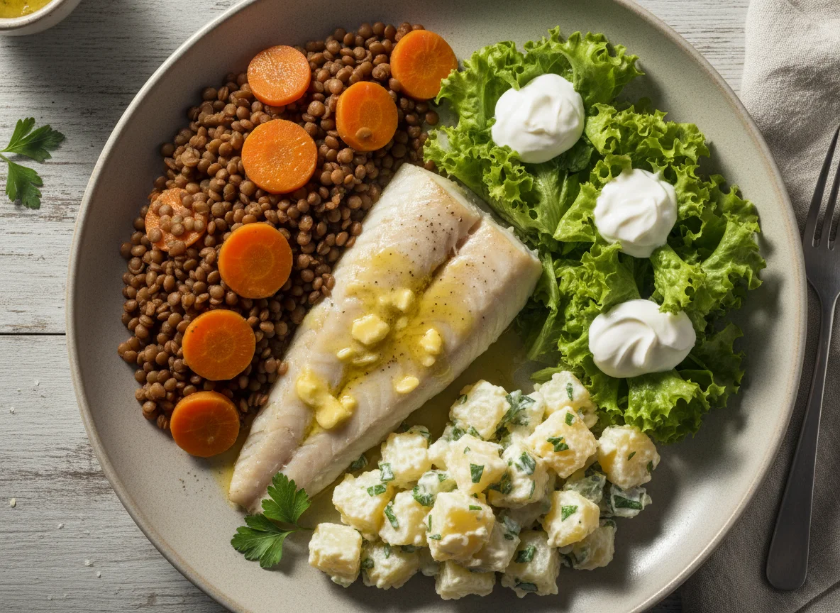 Peixe com lentilhas, cenouras e salada photo