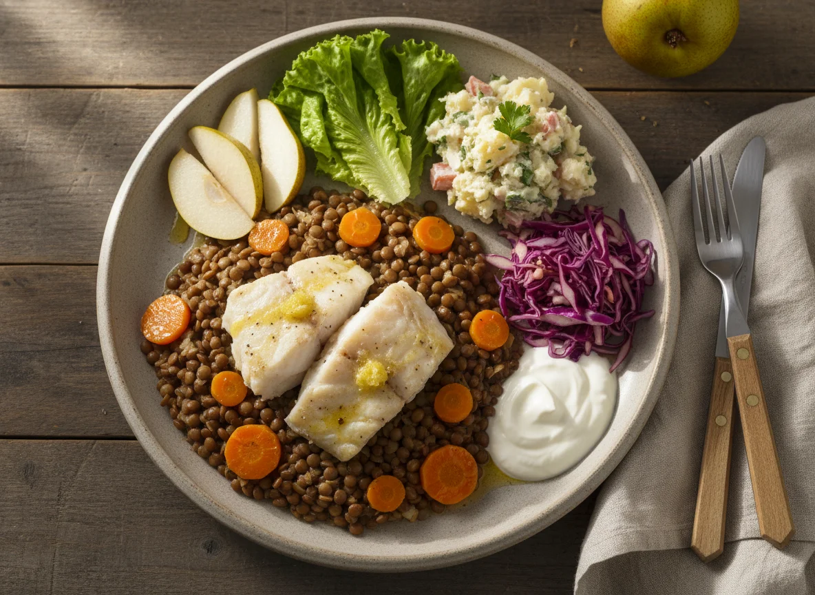 Peixe com lentilhas e cenouras photo