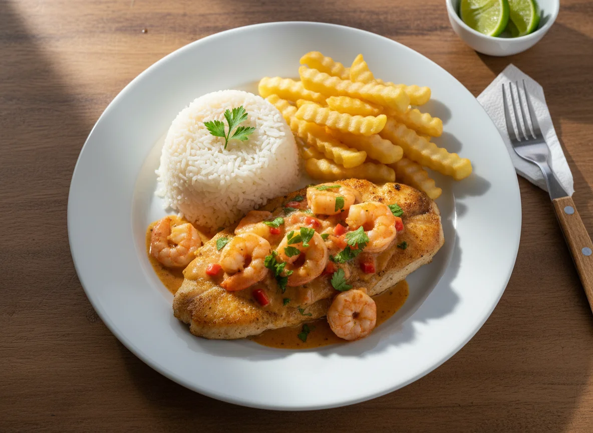 Peixe com molho de camarão e arroz photo