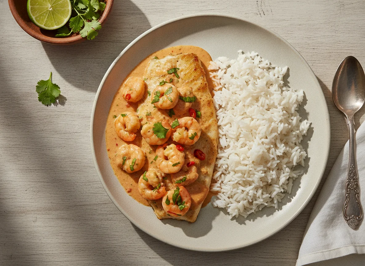Peixe com molho de camarão e arroz branco photo