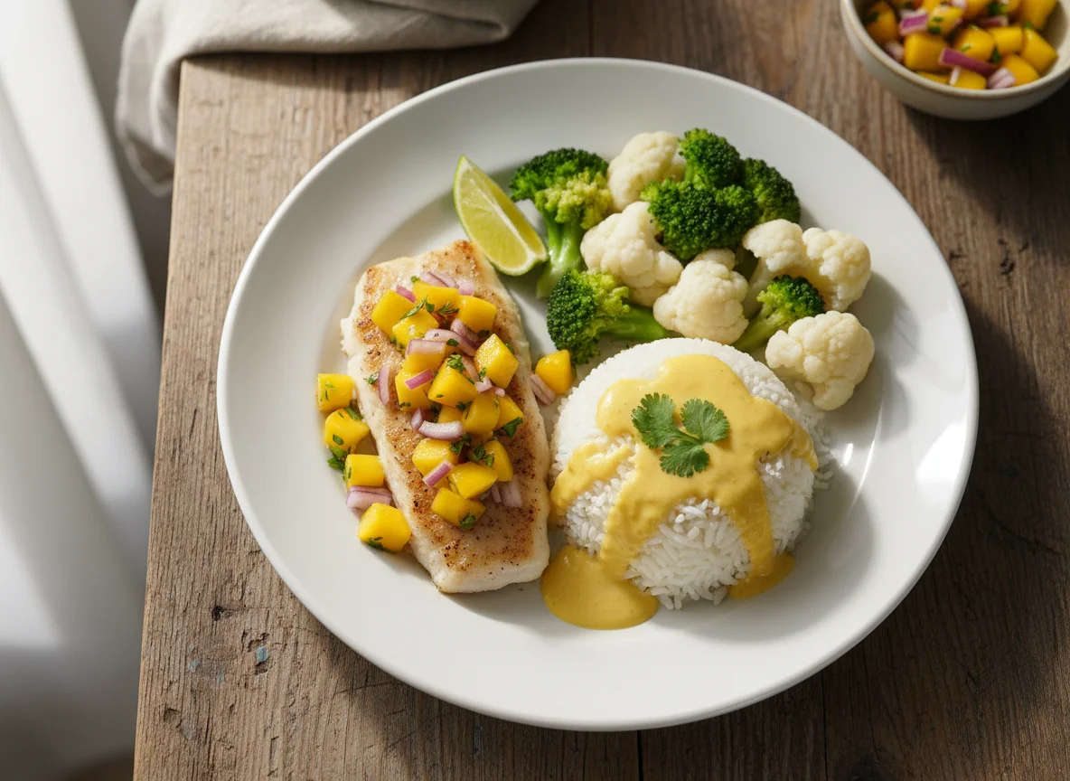 Peixe com molho de manga, arroz e vegetais photo