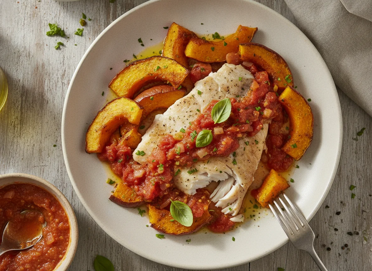 Peixe com molho de tomate e abóbora assada photo