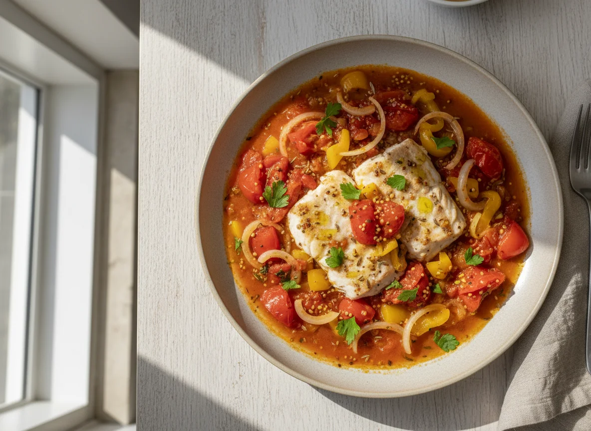 Peixe com molho de tomate e legumes photo