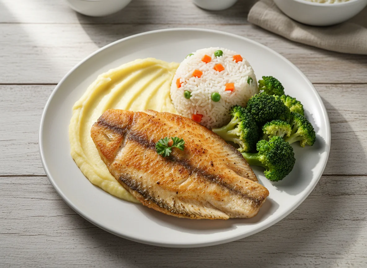 Peixe com purê de batata, arroz e brócolis photo