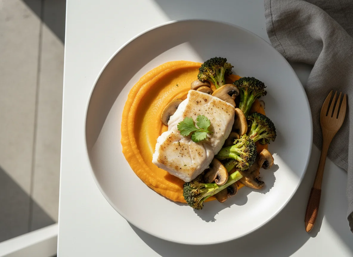 Peixe com purê de batata doce, brócolis e cogumelos photo