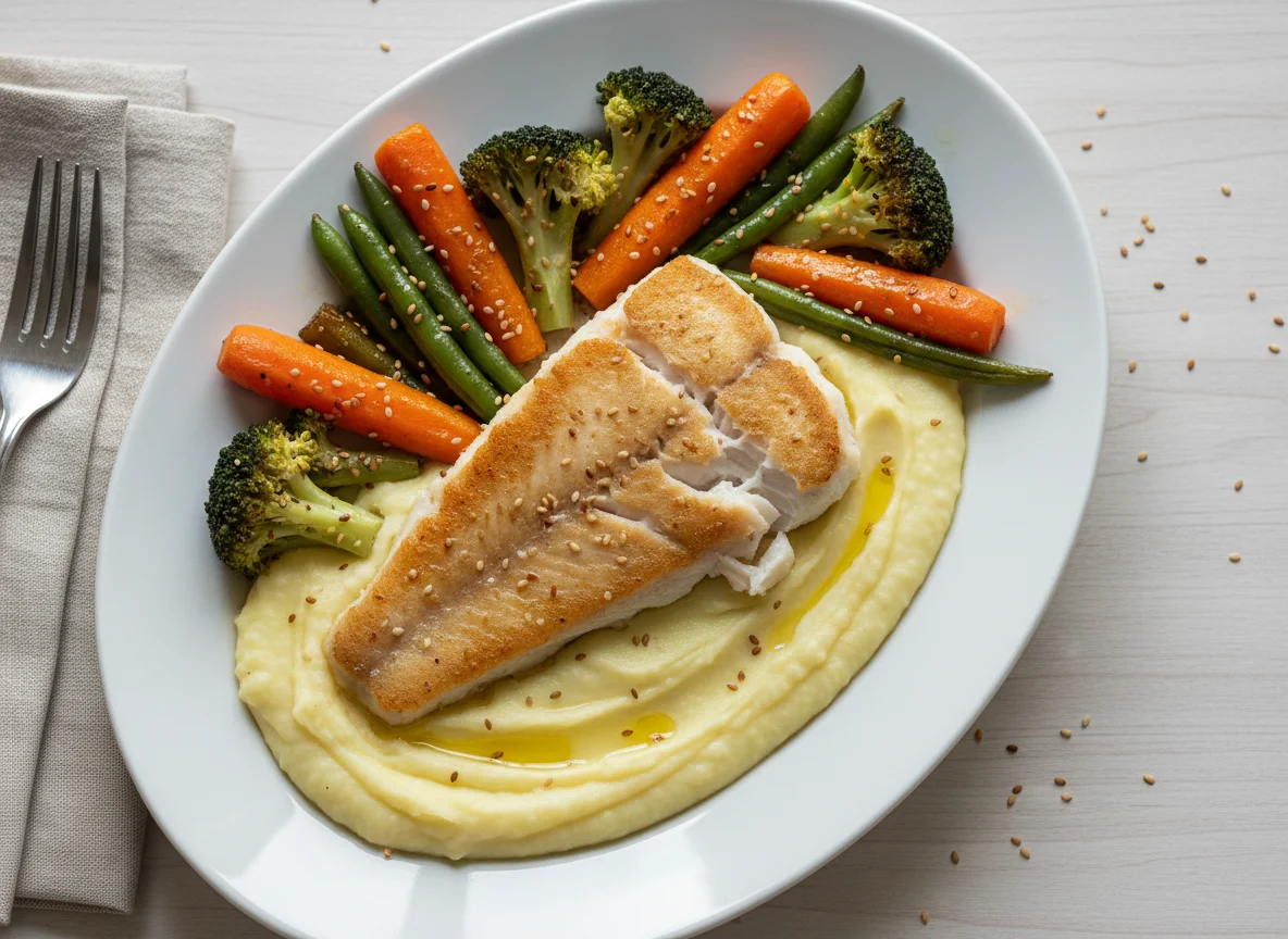 Peixe com purê de batata e vegetais assados photo